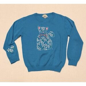 Vintage Cyn Les Shirlee Sweater Whimsy Size 42 L Blue Floral Embroidered Cats